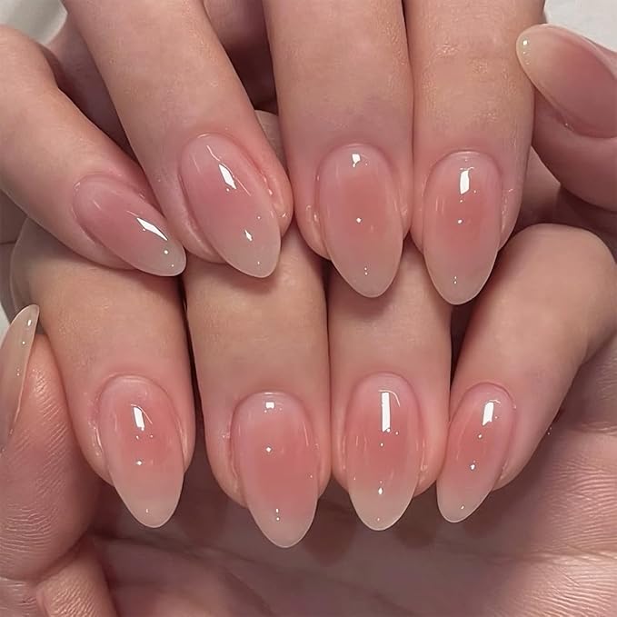Pink Aura Press on Nails Short Almond Fake Nails Cute False Nails Press ons with Design for Women Manicure,Glossy Finish | Reusable | Nail Kit with Jelly Adhesive Tabs | 24 Pcs