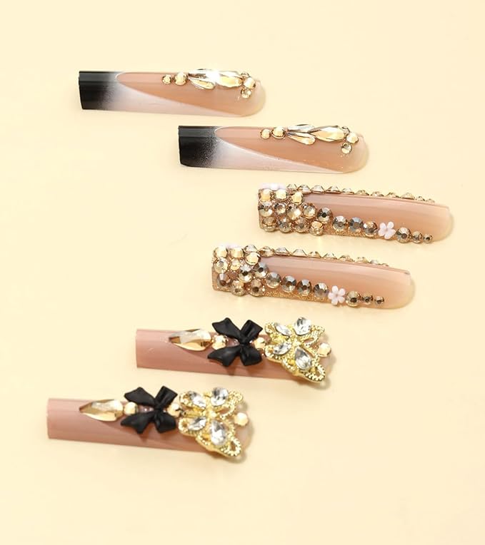 Press on Nails Square - Extra Long Fake Nails with 3D Rhinestones Butterfly, Black French Tips False Nail, Stick On Nails for Women, 12 Sizes - 24 Nail Kit, Midnight Mirage