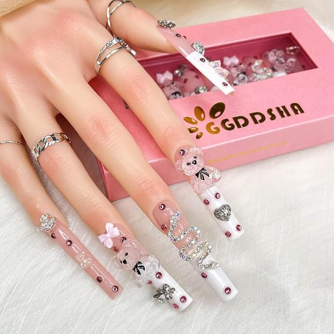 2025 Long Pmma Acrylic Handmade Nail Design Novelty with Rhinestone Bear Love Snake Design Glossy Nail, Reusable Nail Set with Box Gift for Women (White-pink, M)