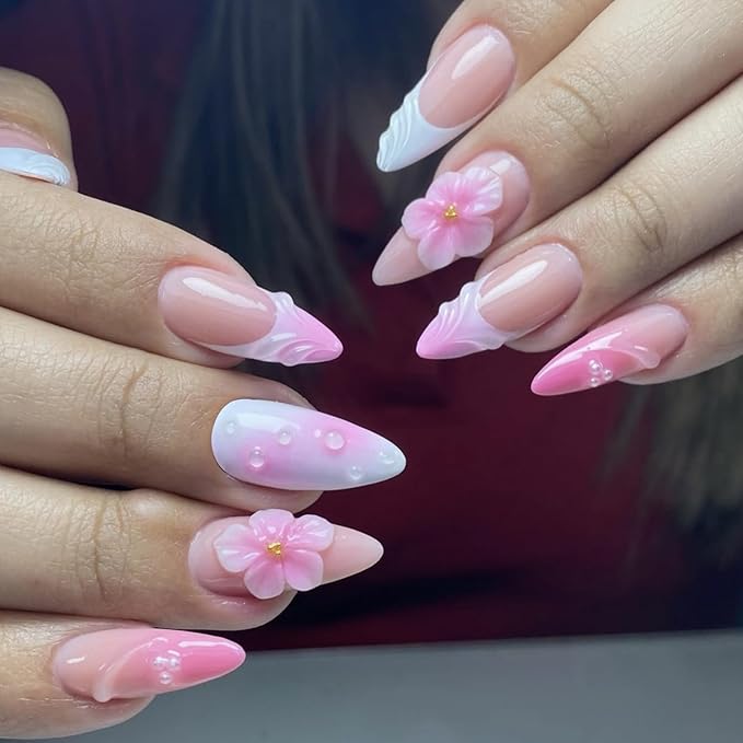Press on Nails Medium Almond, Pink Fake Nails with 5D Flower Design, Glossy Ombre Glue on Nail, Water Ripple French Tips Nails Press ons, Reusable Pearl Acrylic Nail for Women Manicure