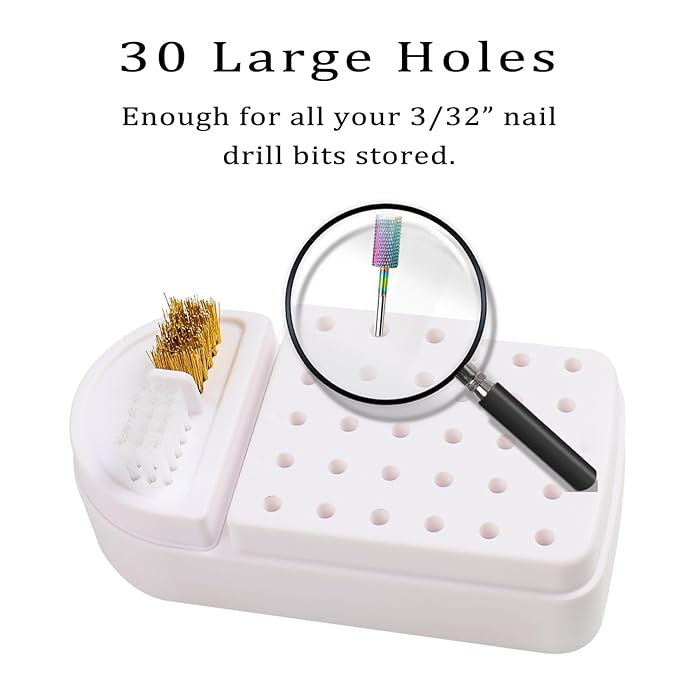 Nail Drill Bits Holder 2 in 1 Nail Drill Bits Cleaning Brush Case, 30 Holes Dustproof Acrylic Nail Drill Holder Storage Box, Nail Drill Bit Holder Stand Displayer Organizer for Home Salon Use (White)