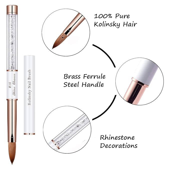 2Pcs Acrylic Nail Art Brush Size 12, 100% Pure Kolinsky Hair Oval Nail Brush for Acrylic Application, Professional Nail Extension Manicure Tool Striping Nail Drawing Pen for Home Salon