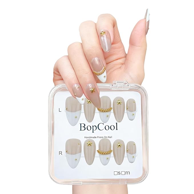 Handmade Press On Nails Medium Almond Shape - 3D Gold Metallic Embellished White French Manicure False Nails ， Minimalist Design | Salon Quality Reusable Fake Nails(10PCS-S)