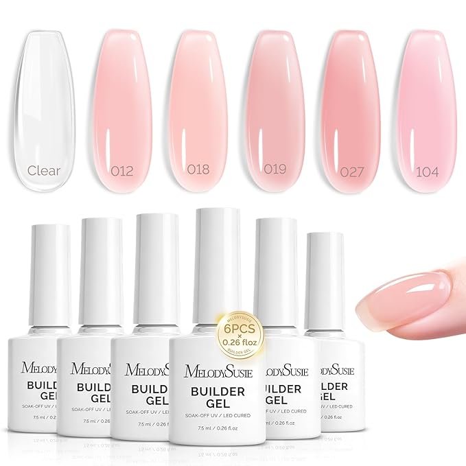 MelodySusie Builder Gel Nail Polish Set, Base Colors Nude Pink Clear 8 in 1 Nail Thickening Rubber Base Gel Polish,Soak Off UV Extension,Rhinestone Nail Glue in a Bottle Gift for Women 6 Colors