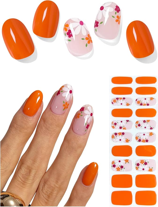 Semi Cured Gel Nail Strips (Orange Flower), 20Pcs Gel Nail Wraps, Stickers, Works With Any UV Lamps