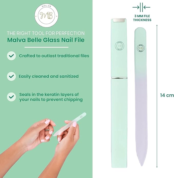 Malva Belle Best Crystal Glass Nail File for Women - File & Travel Case Set - Heavy Duty for Natural Nails, Gel - Professional Nail Shaper – Nail Care Essentials - Pastel Green 3mm