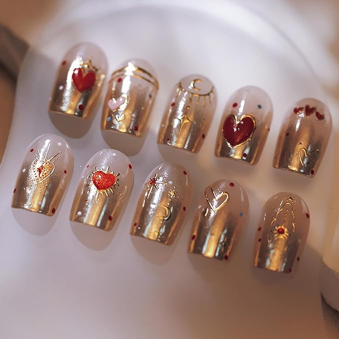 Valentine's Day 5D Heart Nail Art Stickers - Gold, Pink & Bronzing Star Moon Designs for Women & Girls - Self-Adhesive DIY Nail Decals