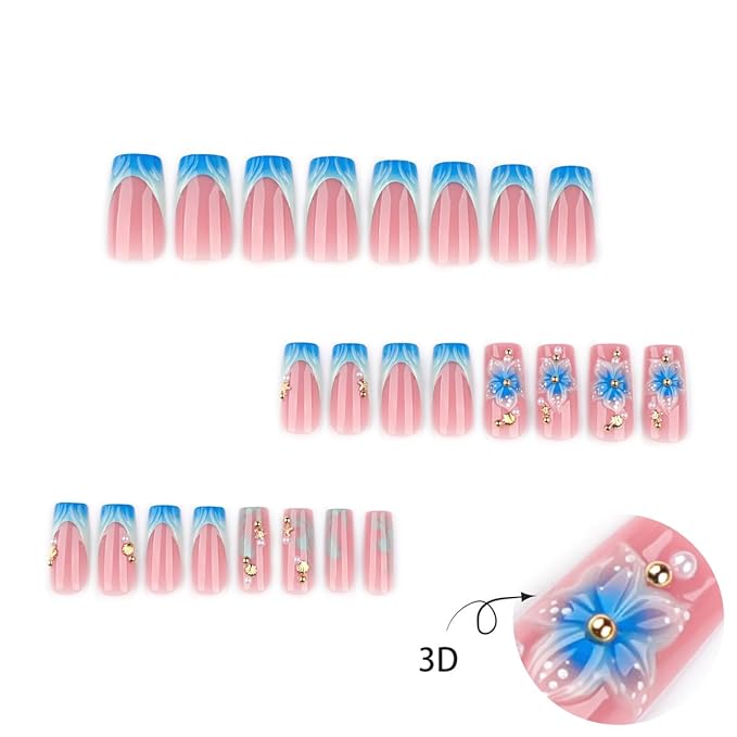 3D Press on Nails Long Square Blue French Tip Fake Nails Flower & Shell & Starfish Design Spring Summer False Nails Full Cover Glossy Stick on Nails for Women Manicure 24PCS