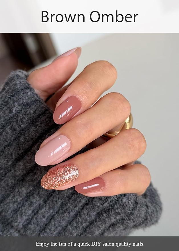 Semi Cured Gel Nail Strips (Brown Omber), 20 Pcs Gel Nail Wraps, Stickers, Long Lasting, Works With Any UV Lamps