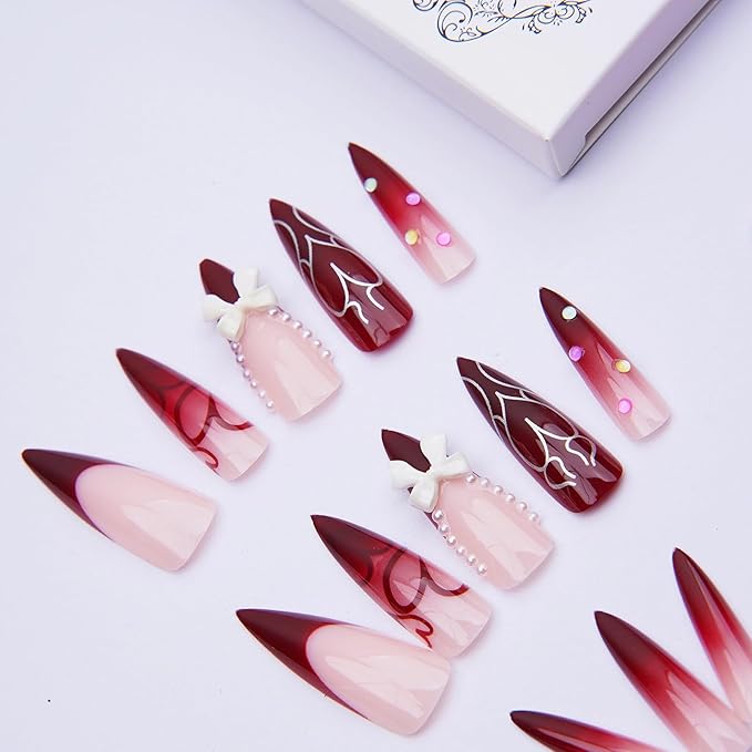 MISUD Press on Nails - Long Stiletto Fake Nails with Burgundy French Tip, Acrylic Heart Pearl Design 24 pcs