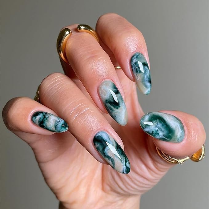 Press On Almond Medium Green False Nails with Gradient Marble Design - Glossy Acrylic Full Cover Glue on Nails - 24 Pcs