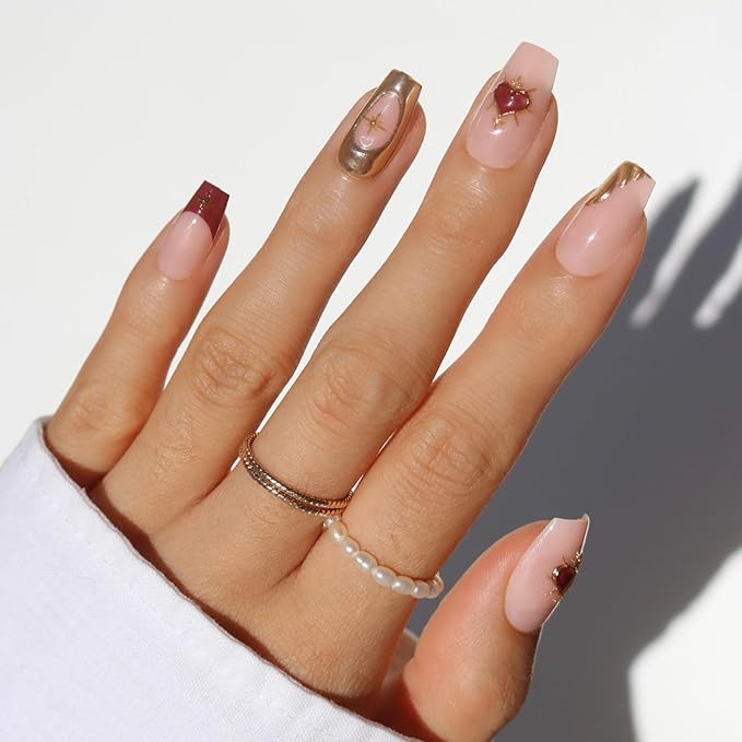 Valentines Day Glamnetic Press On Nails - Queen of Hearts | Medium Coffin Fake Nails with a Sheer Base, 3D Gold Metallic Designs and Deep Red French Tips | 15 Sizes - 30 Nail Kit with Glue