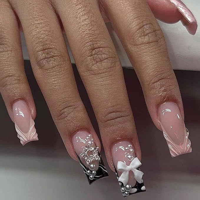Press on Nails Medium Long Rhinestone Pink Fake Nails Square Pearl Bling Glossy 3D False Nail Tips Black Artificial Nails Finger Manicure for Women and Girls,24pcs