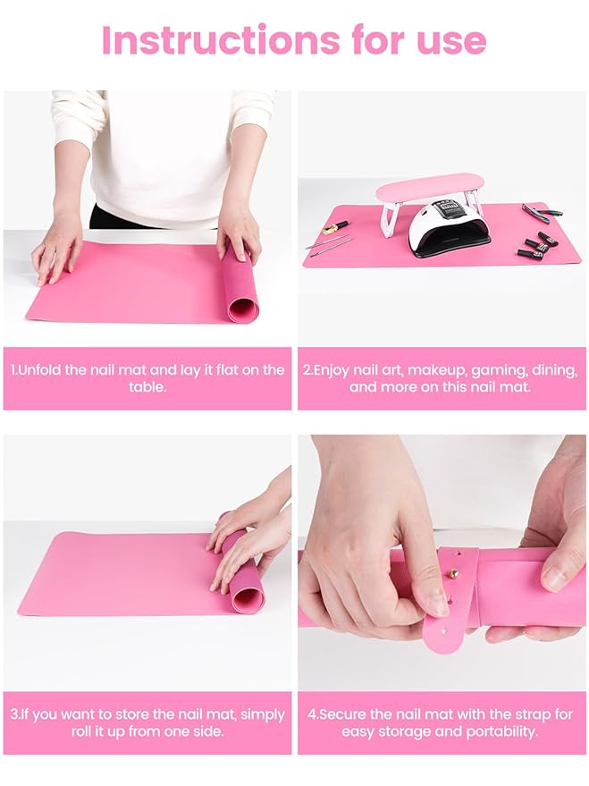 Beloving Nail Art Table Mat, (MAT ONLY) Nail Arm Rest Pad for Nail Tech, Soft Microfiber PU Leather Nail Mat for Table, Foldable Nail Pad Desk Mat for Manicure Hand Rest Pillow - Pinkish Red