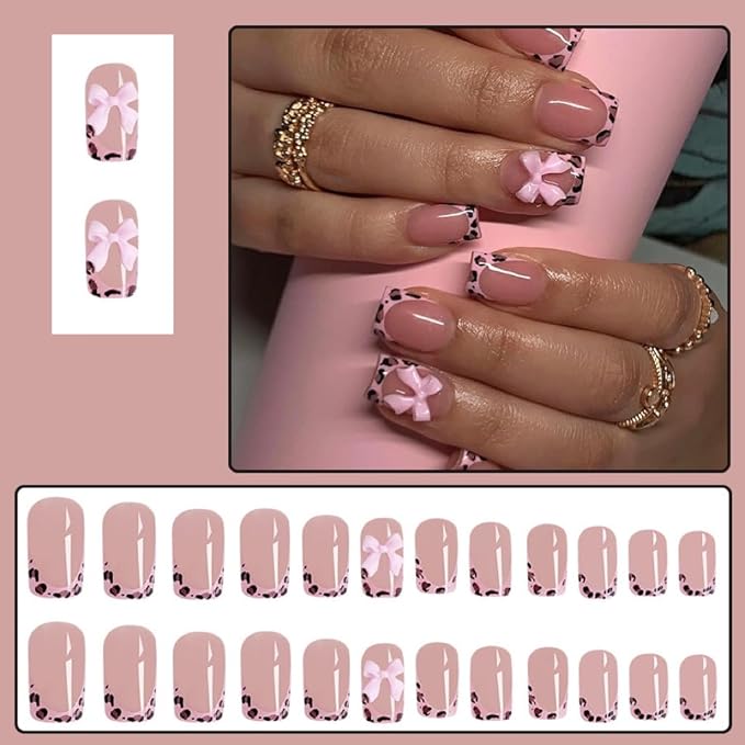 Short Press Leopard French Tip False Nails with Pink Glossy Bow Design - Glue on Nails Full Cover Stick on Nails - 24Pcs