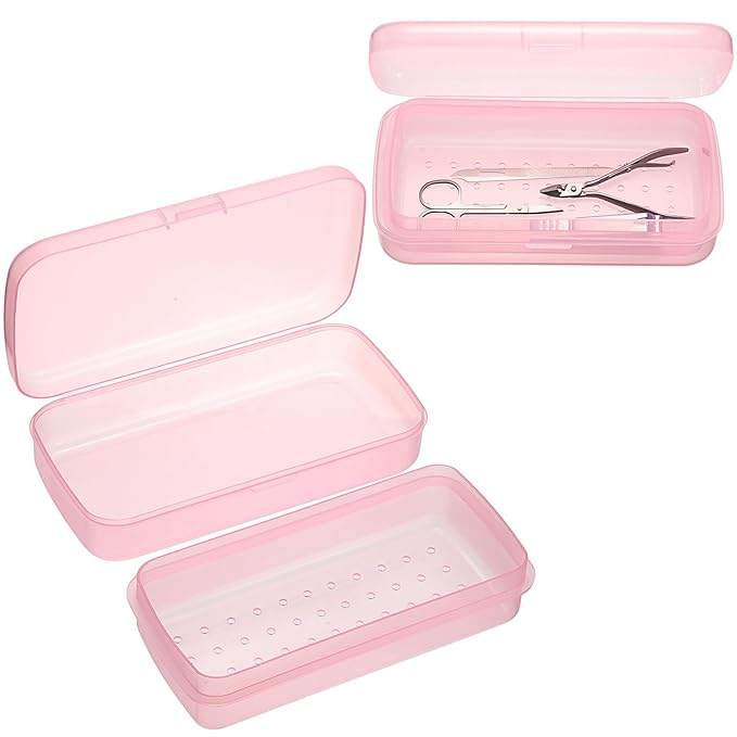 JUXYES 2 PCS Plastic Sterilizing Tray for Nail Art Accessories Tools, Portable Nail Art Tool Sterilizer Tray with Strainer, Fully Transparent Storage Box Organizer for Tweezer Manicure Tools