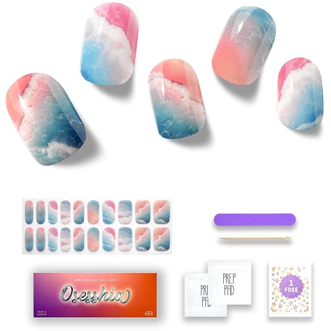 Semi Cured Gel Nail Strips, 20 pcs Nail Wraps, Glaze Stickers, Salon Quality French Manicure, Full Decal Gel Polish Strips, Long Lasting SCG, Easy on, UV Required (Tropical Isle)