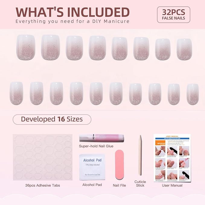 White Gradient Press on Nails Luxurious Thickened Short Square Shaped False Nails with Silver Glitter Designs French Fake Nails Full Cover Stick on Nails Sparkly Acrylic Nails for Women DIY Art 32 Pcs