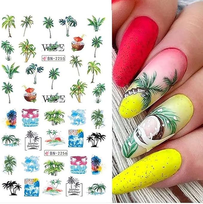 12 Sheets Summer Nail Art Stickers Beach Coconut Tree Ocean Water Transfer Nail Decals Colorful Nail Stickers Tropical Style Nail Sticker Self-Adhesive Nail Art Supplies for Women Manicure Decor