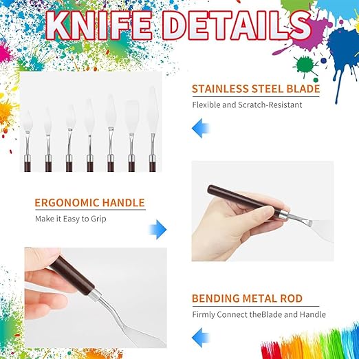 7Pcs Palette Knives Metal Spatulas with Wooden Handles for Oil Paints, Painting Craft Knife Mixing for Art, Palette Scraper for Paint Mixer, Smearing, Clay Sculpting Tools. 1Set