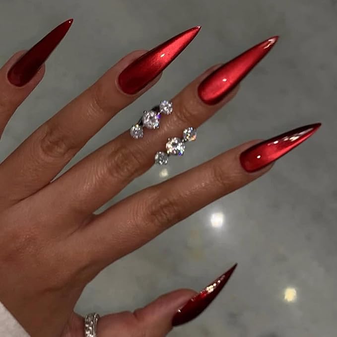MISUD Press on Nails - Long Stiletto Fake Nails, Acrylic Bling Red Cat Eye Design 24 pcs