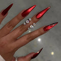 MISUD Press on Nails - Long Stiletto Fake Nails, Acrylic Bling Red Cat Eye Design 24 pcs