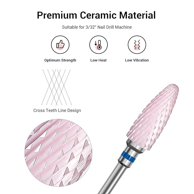 MelodySusie Ceramic Nail Drill Bit, 3/32'' (2.35mm) Professional Acrylic Nail File Flame Drill Bit for Manicure Pedicure Cuticle Gel Nail Polishing, Beginners Bits, Pink, Series Bit-S, Medium