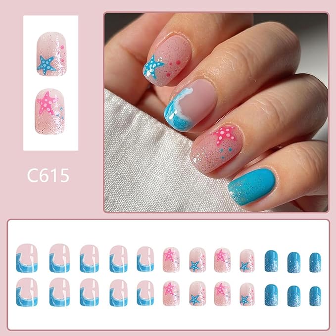 Short Square Press on Nails Summer Fake Nails Cute Blue Nails Press ons with Beach Vibes Sea Starfish Designs Full Cover Glue on Nail Stick on Nails for Women Manicure 24Pcs