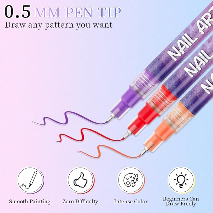 12 Colors Nail Art Pens Set – 3D Nail Art Marker & Polish Pens with Fine Liner Brush for Drawing, Painting & DIY Manicure Designs, Nail Art Beauty Tools Kit (1 Set)