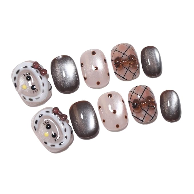 10 Short Oval Handmade Press On Nails | 3D Floral with Cat Eye Polka Dot & Sweet Bow details,Winter Styles | Skip Salon Trips, Easy to Apply & Remove, Reusable (251106A, S)