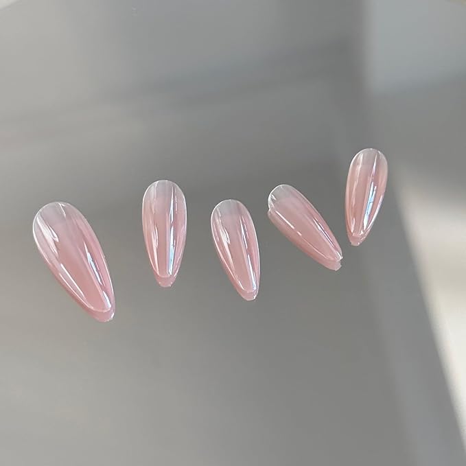 24PCS Almond Medium Press On Nails - Rose Gold Mirror Chrome & Soft Pink Ombre, High-Shine Stiletto Fake Nails for Bridal & Party Glam