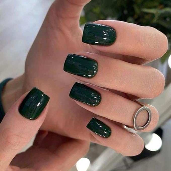 Modelones Dark Green Press on Nails, Short Square Fake Nails, Reusable Nail Kit with Nail Glue Adhesive Tabs Mini Nail File, Nails Press Ons 32Pcs 16Sizes, Women Girl Gift