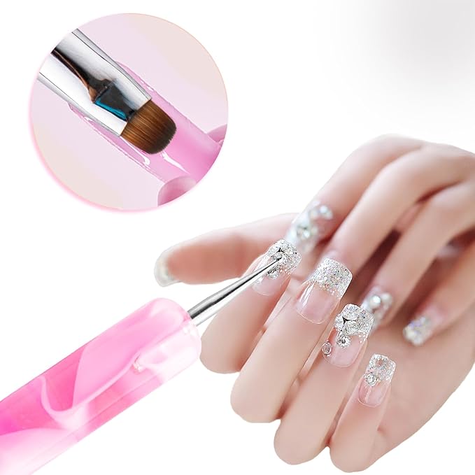 French Manicure Brush -2 Way Nail Art Brush with Dotting Manicure Tool for Manicure Cuticle Clean Up Nail Art Design- Professional Nail Salon Quality Brush, Nail Dotting Pen (Peach, 14#)