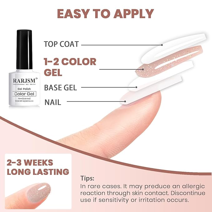 RARJSM Nude Glitter Gel Nail Polish 6pcs Set Sparkly Rainbow Shimmery Nail Gel Polish Iridescent Pigment Jelly Sheer Gray Pink Milky Peach Purple Translucent Natural Skin Tone Color 7.5ml Soak off