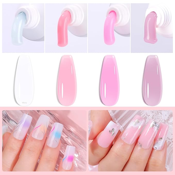 Makartt Poly Nail Gel Set - 4 Colors, Strong Builder for Extension Overlay Strengthener 3D Diy, Multifunctional, Long-lasting for Nails French Manicures Home Salon Clear and 3 Pink Shades