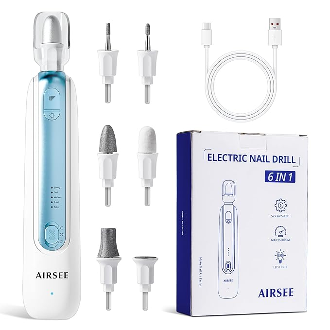 AIRSEE Professional Manicure Pedicure Kit,Cordless 6 in 1 Electric Nail File for feet,5 Speed Rechargeable Pedicure Tools for Thick Nail Toenail Cuticle, Hand Feet Trimmer Buffer for Women Men,Blue