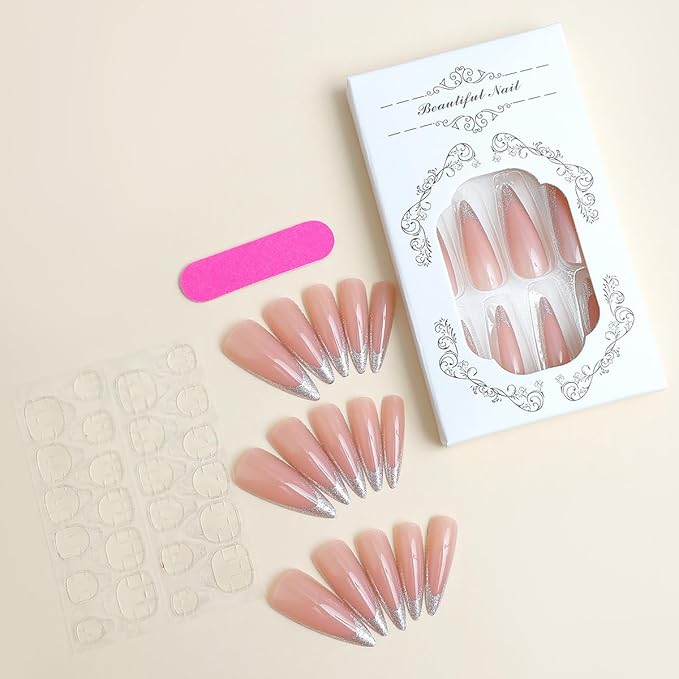 Silver French Tips Fake Nails Long Almond Press on Nails with Sparkly Design, Glossy Glitter False Nails Gel Glue on Nails, Shine French Manicure Art Acrylic Nails Stick on Nails for Women Girls 24Pcs