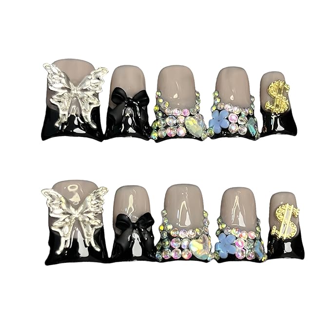 10pcs Handmade Press on Nails for Women - Medium Duck Curve 3D Thick Acrylic Fake Nails Reusable,Designer Floral Butterfly Rhinestones Bling Boho Funky Y2k Nail-art Set,XS,black