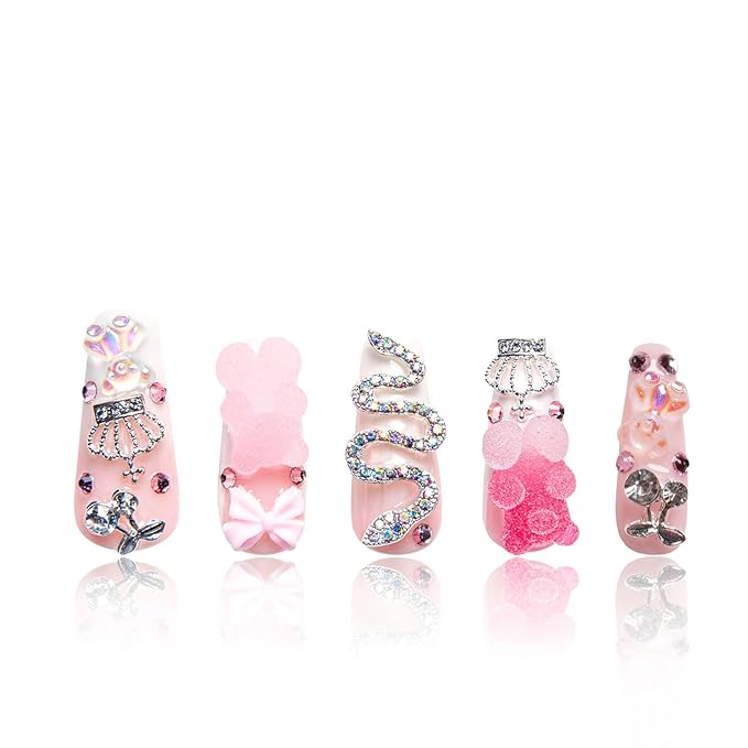 LOVFUL Press on Nails Marshmallo Gummy Bear Square | Handmade with Full Covered Crystals | Reusable Fake Nails | Coffin Classic Regular 1.3 in | H26-S