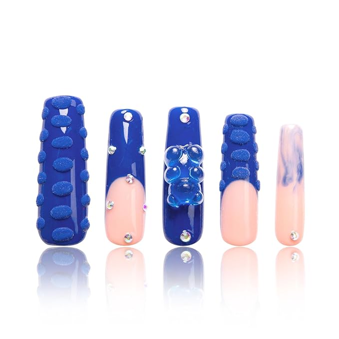 LOVFUL Press on Nails Little Blue Bear| Handmade with Full Covered Crystals| Reusable Fake Nails| Square Mid length 1.7in| H132-S