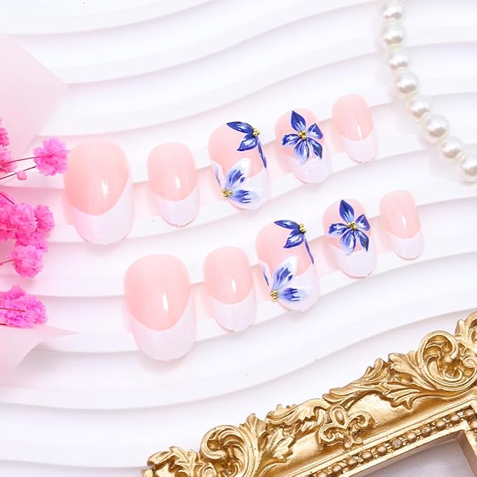 24Pcs White French Tip Press on Nails Short Almond Fake Nails with 3D Gold Beads Designs Blue Flower Acrylic Nails Glossy Full Cover False Nails Spring Glue on Nails Floral Artificial Nails for Women