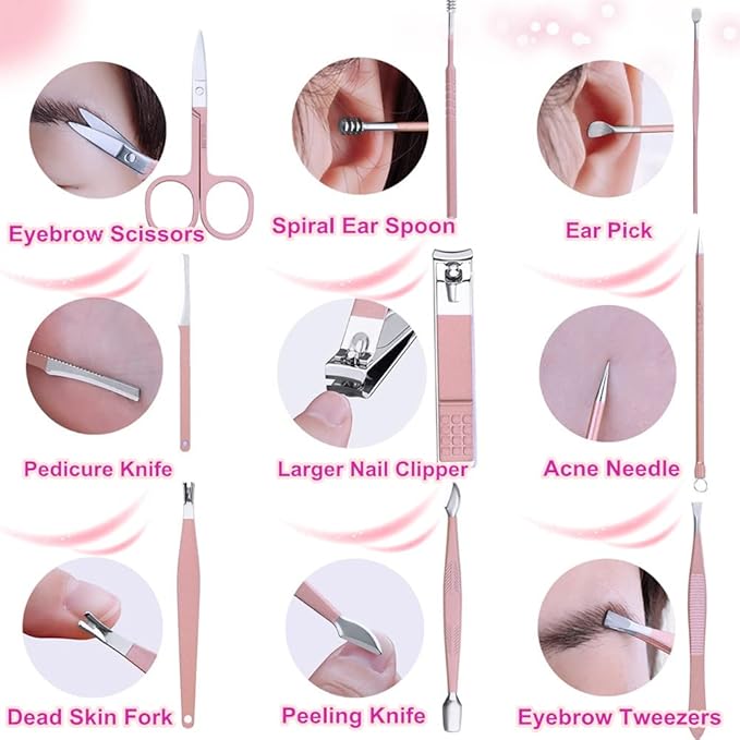 Manicure Set, Professional Nail Clippers Kit, Pedicure Care Tools, Professional Women Grooming Kit -Premium Stainless Steel with Pink Travel Case Set 16PC Great Gift(Rose Gold)