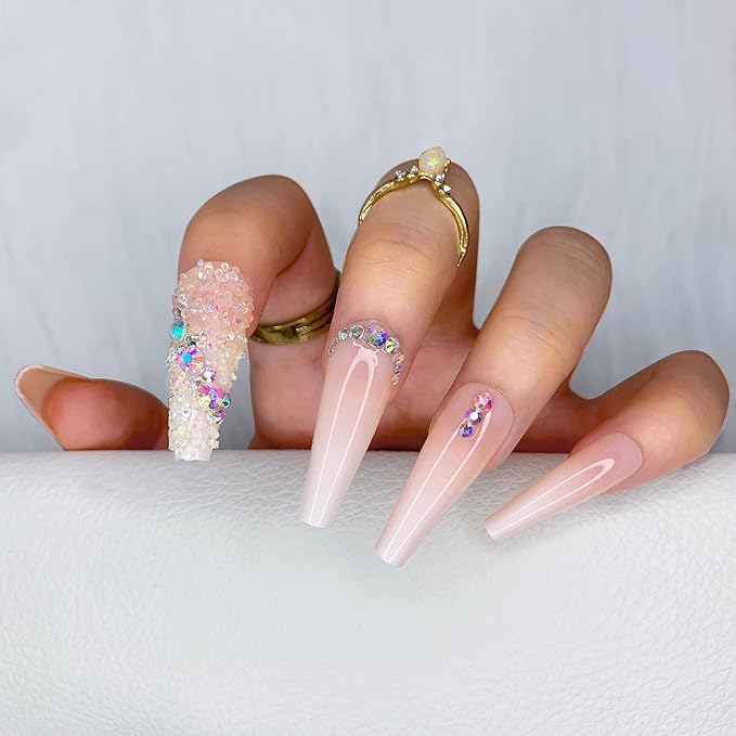 Morily 24pcs Fake Nails Ombre Ballerina Long Crystal Rhinestones Luxury Coffin Press on Nail False Tips Artificial Finger Manicure for Women (French Shinning)