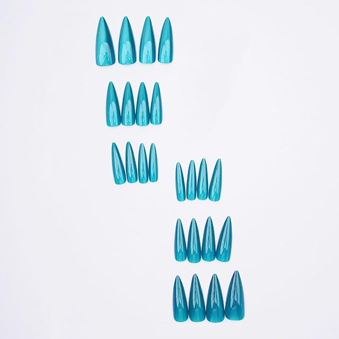 MISUD Press on Nails - Long Stiletto Fake Nails, Acrylic Summer Blue Green Cat Eye Design 24 pcs