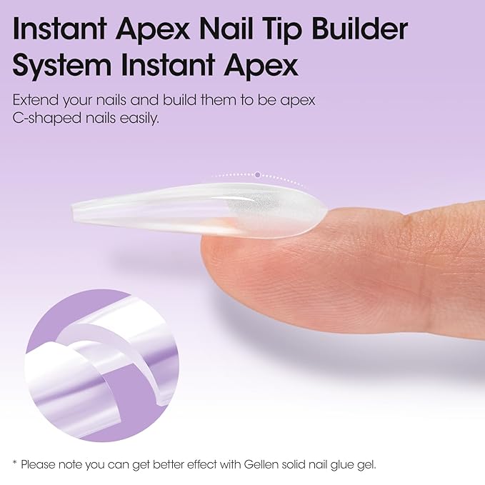 Gellen Tipex Instant Apex Nail Tips, Medium Coffin Gel Tips X Full Cover Nail Extension Tips, Strong Hard Clear Pre-etched Press-on Nails, Pre-file Underside False Nails for Flat Nails