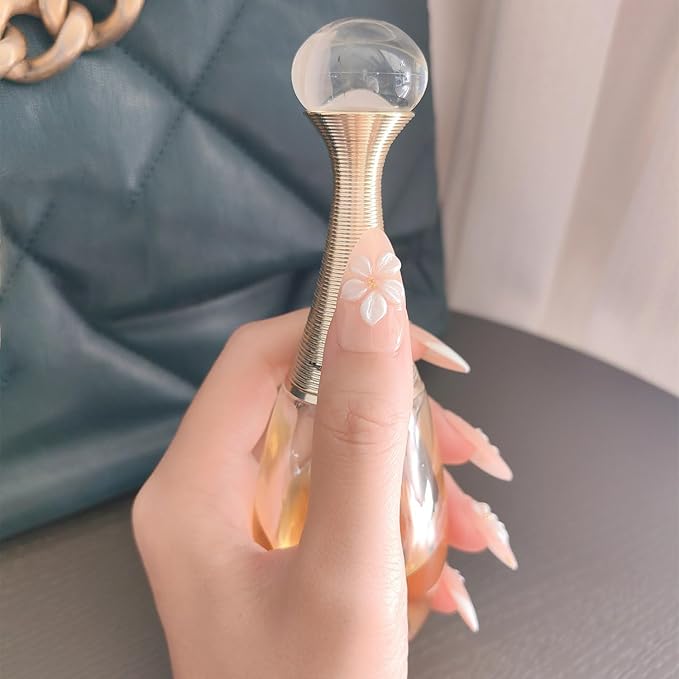 10 Medium Almond Handmade Press On Nails | Coquette Aesthetic Light Nude Pink French Fake Nails with 3D Floral & Gold Stud Accents | Reusable Salon Quality Nails (5U03, S)