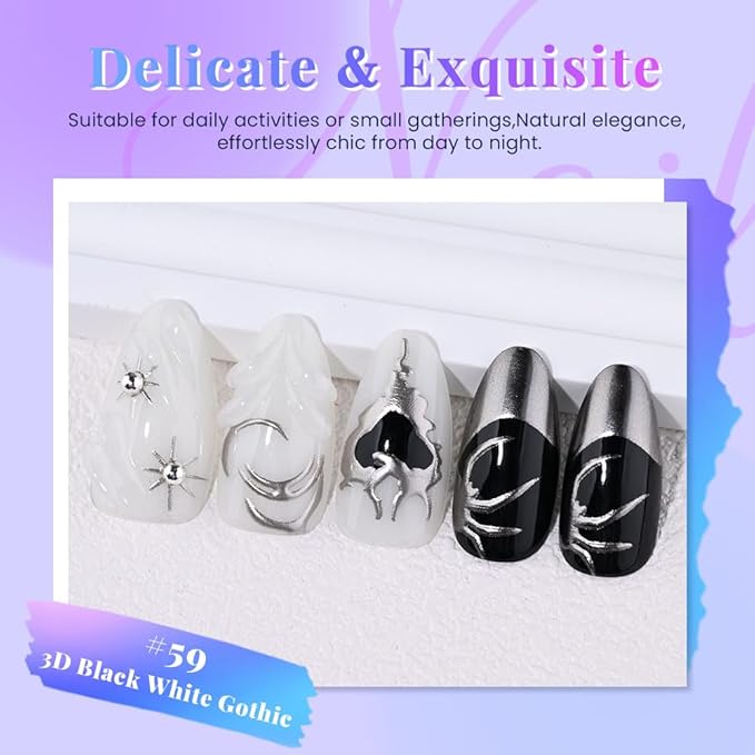 evpct 3D Gothic Press on Nails Short Almond with Silver Line Design, Black White Silver French Tip Stick on Nail for Women, Reusable Full Cover Soft Press on Fake Nail Perfectly Fit with Design