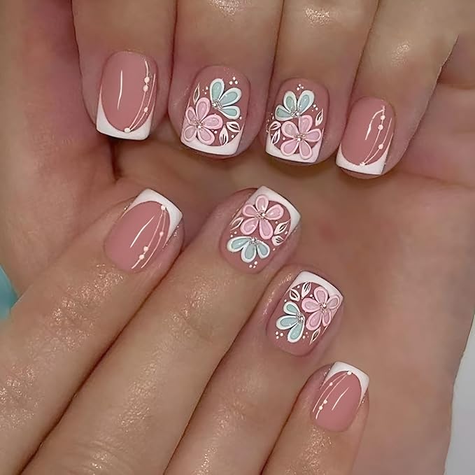 24Pcs Flower Press on Nails Short Square Fake Nails White French Tip Nails Press Ons Summer Spring Glue on Nail Glossy Full Cover False Nails Flower Stick on Nail for Women Decorations 24Pcs