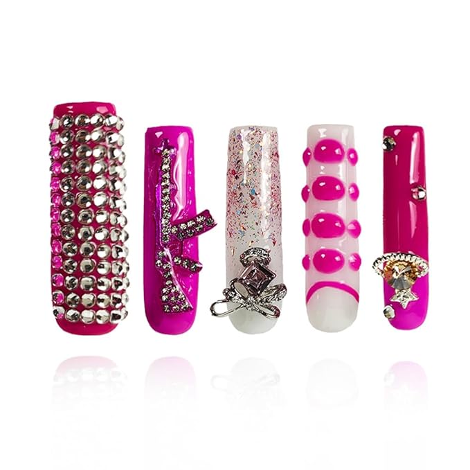 2025 Long Novel Design Pink Tracks Reusable Handmade PMMA Acrylic Press on Nails w/Box Gifts for Women