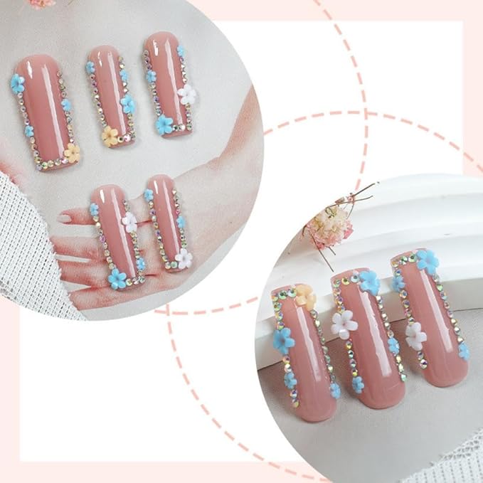Flower Press on Nails - Long Square Fake Nails - Rhinestone Design - Glue on Nails Blue Floral Stick on Nails- Glossy Summer Nail - Daisy False Nail for Women Manicure 24Pcs